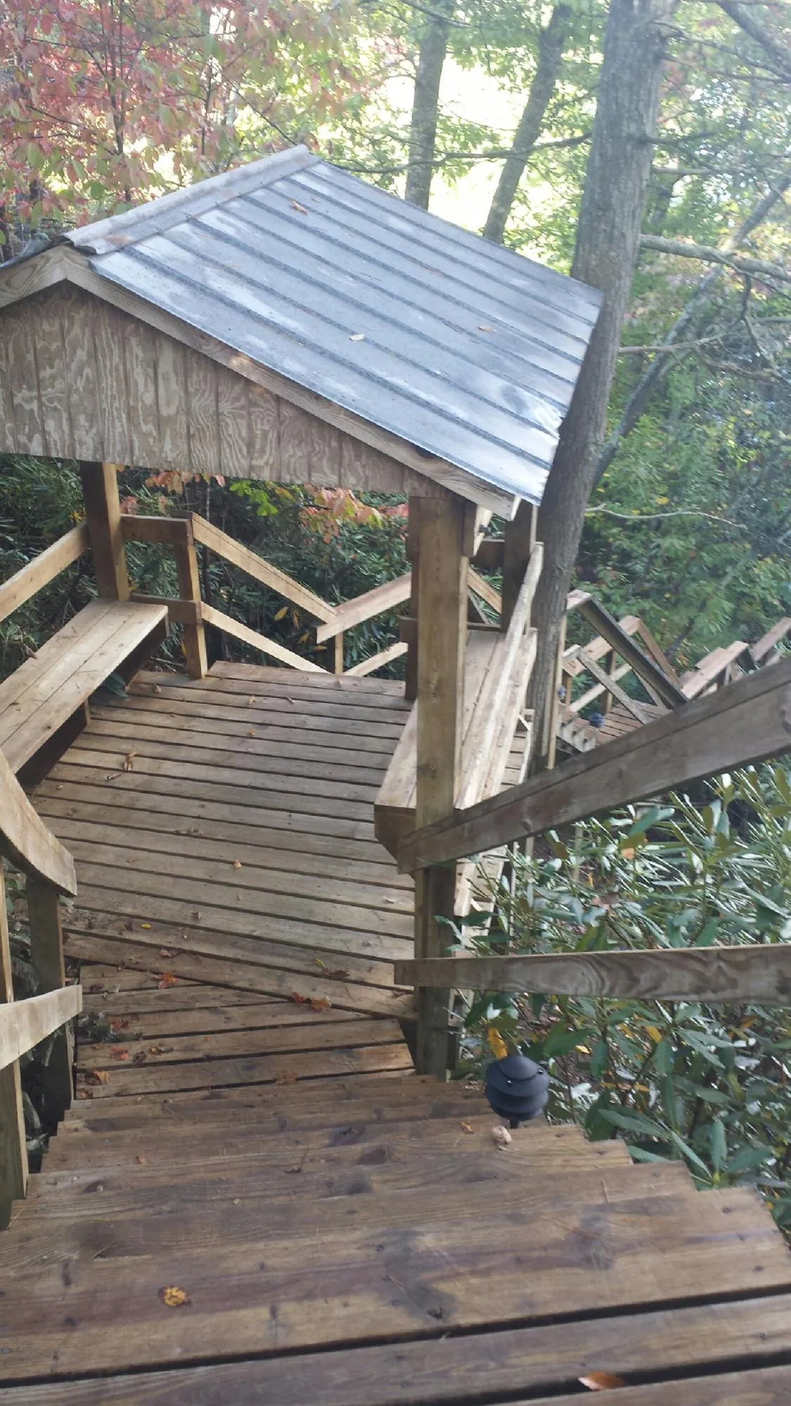 Metal roofed shelter over wooden steps on a wooded walkway — Skylight Repair & Installation work by our crew in Bleiblerville
